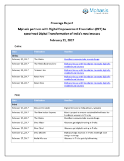 Coverage Report - Mphasis partners with Digital Empowerment Foundation (DEF) to spearhead Digital Transformation of India's rural masses