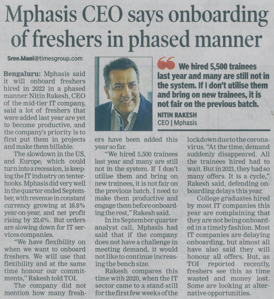 Mphasis Ceo Says Onboarding Of Freshers In Phased Manner - The Times of India